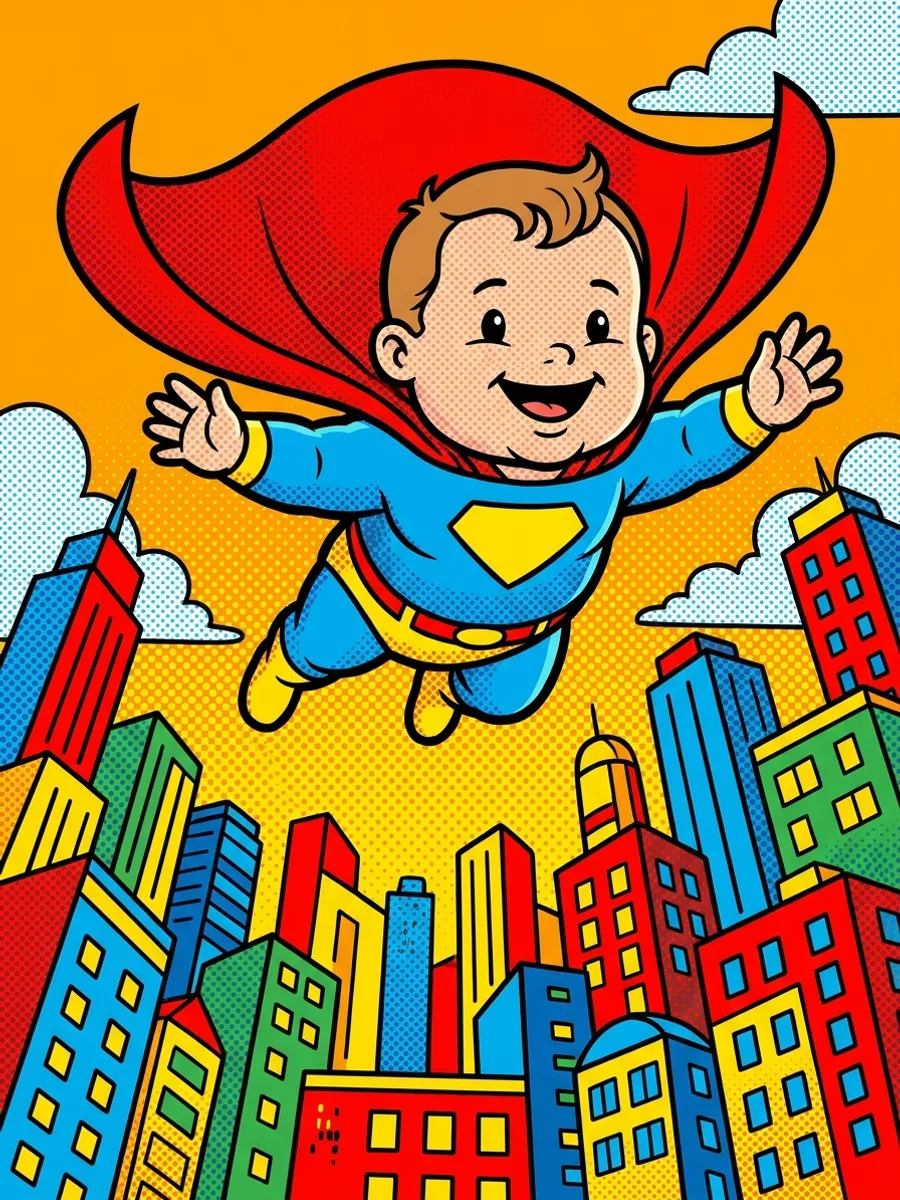 Mažas vaikas superherojaus apsiaustu skrenda virš spalvingo miesto: komiksų stiliaus dirbtinio intelekto iliustracija